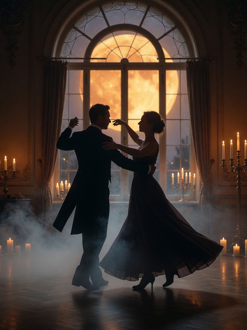 A couple waltzing in candlelight under a harvest moon