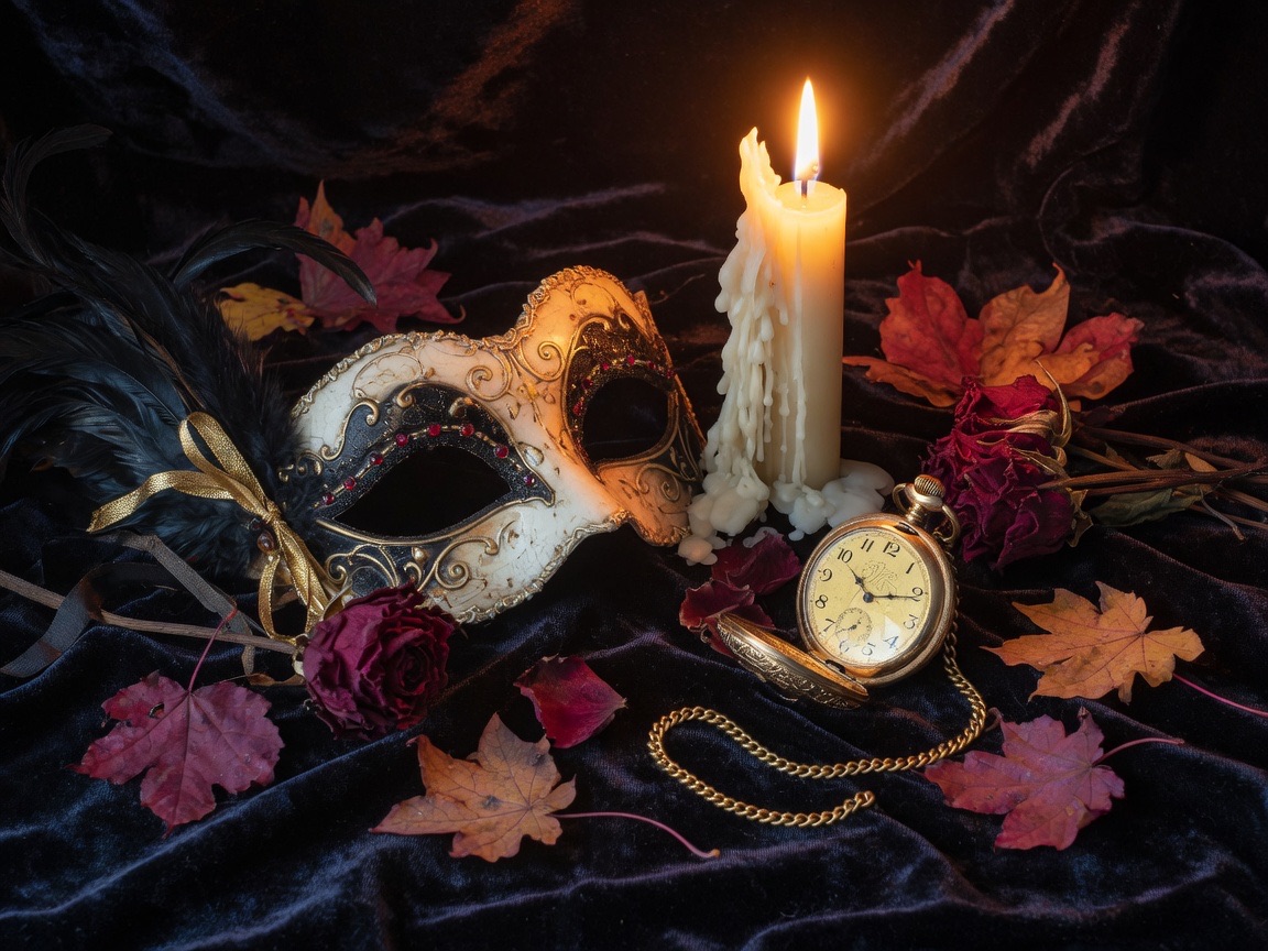 Masquerade mask, candle, and autumn leaves